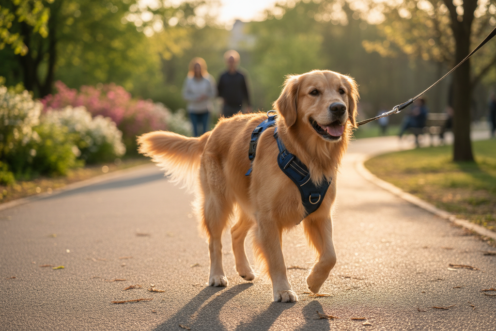 Cane con pettorina in un parco