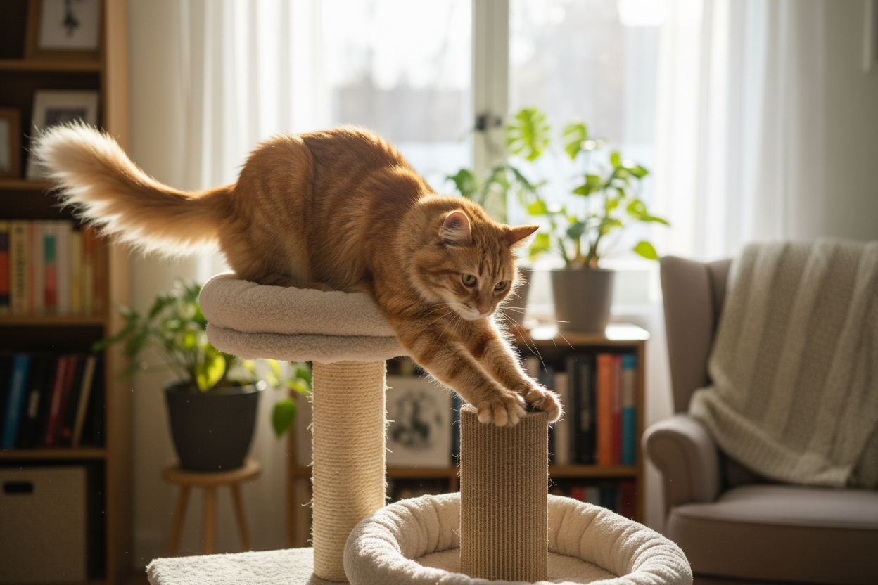 Gatto felice sulla piattaforma del tiragraffi