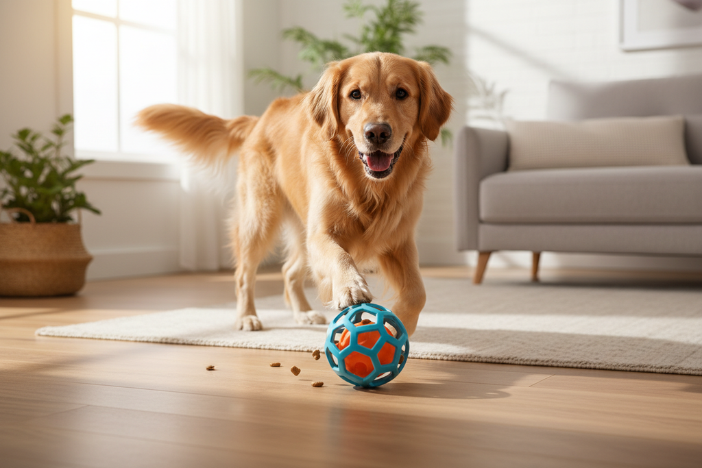 Cane che gioca con dispensatore snack in salotto