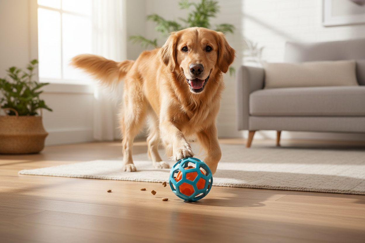 Cane che gioca con dispensatore snack in salotto