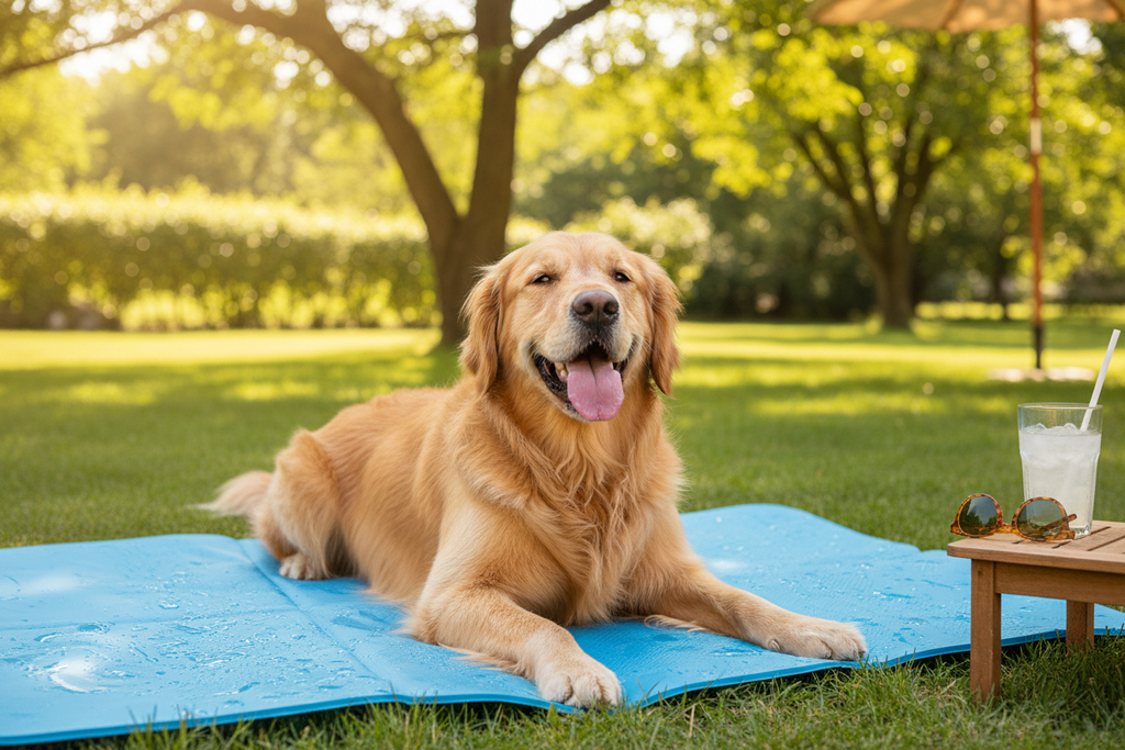 Cane felice sul tappetino rinfrescante in estate