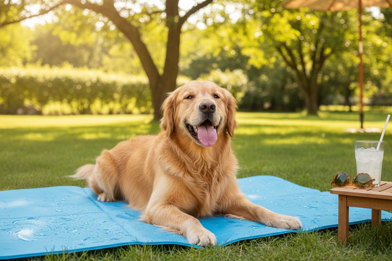 Cane felice sul tappetino rinfrescante in estate