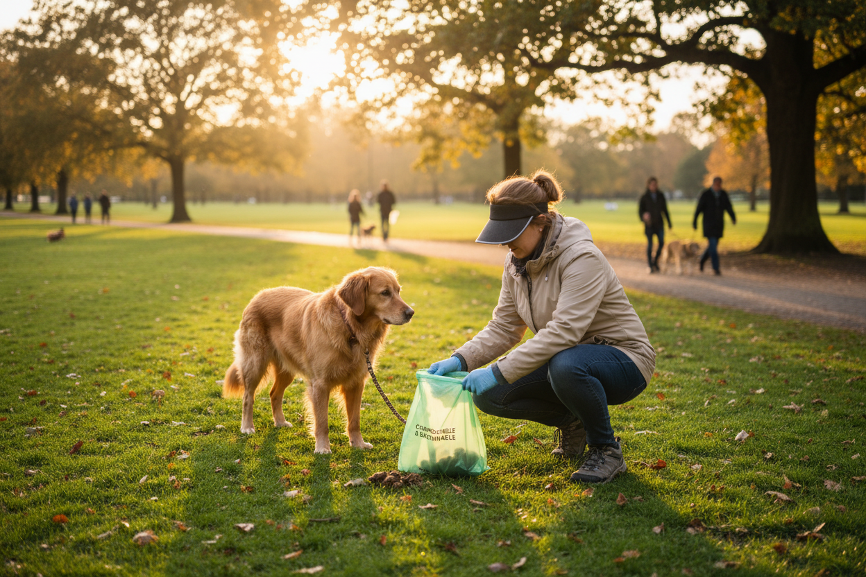 Persona che raccoglie i bisogni del cane con sacchetto biodegradabile