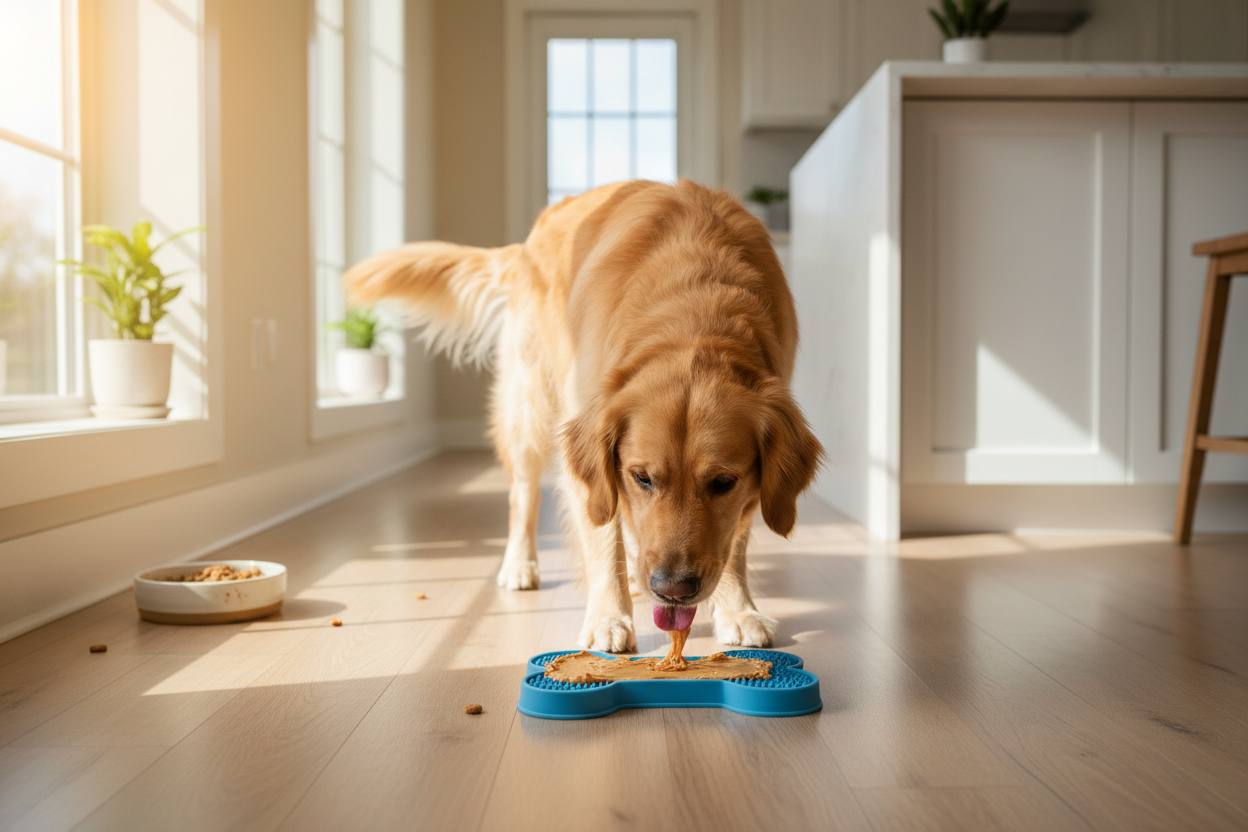 Cane che lecca tappetino con crema di arachidi