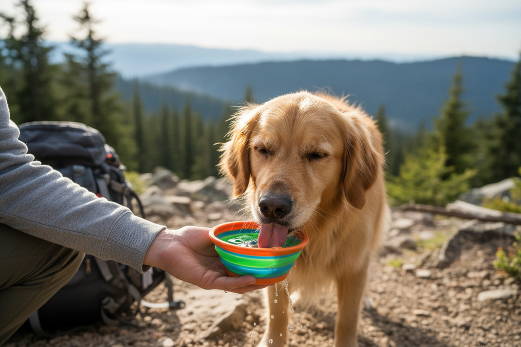 Cane che beve da ciotola pieghevole durante escursione
