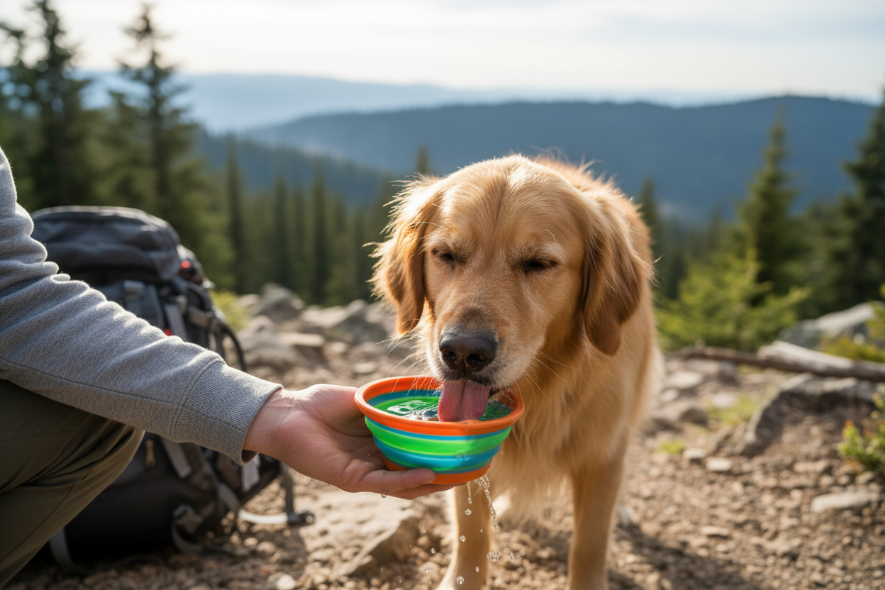 Cane che beve da ciotola pieghevole durante escursione