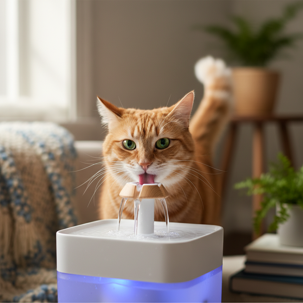 Gatto che beve dalla fontanella