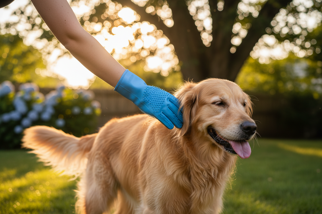 Persona che spazzola un golden retriever con il guanto