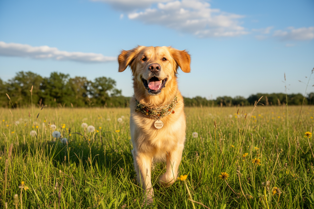 Cane felice con collare antiparassitario in un prato verde